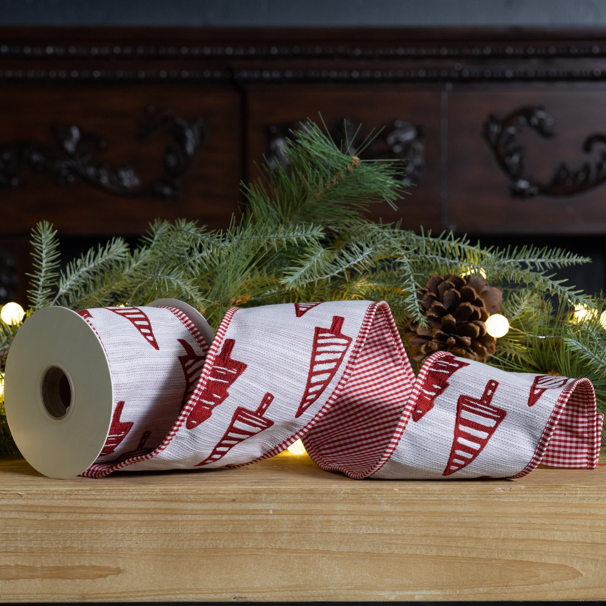 4″ × 5 yd wired polyester ribbon featuring a red and white holiday tree pattern—ideal for bows, wreaths, and seasonal crafts