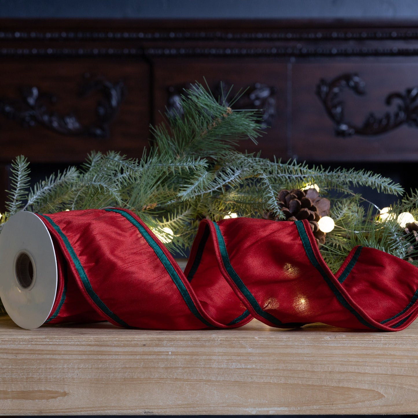 Wired polyester ribbon (4″ × 5 yd) in vibrant holiday red—ideal for wreaths, bows, crafts, and festive décor