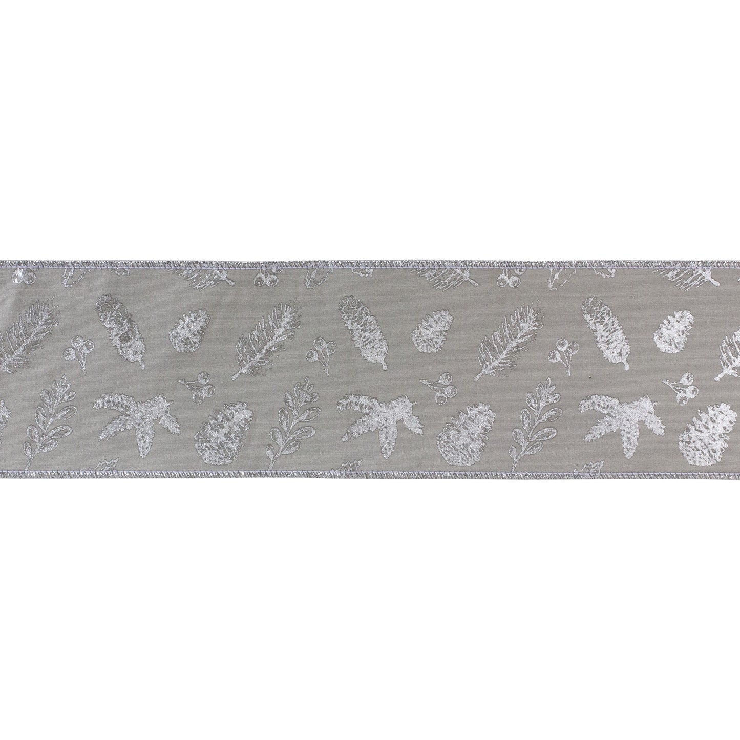 Set of two 4″ × 5 yd wired polyester botanical ribbons with metallic leaf design in sophisticated grey