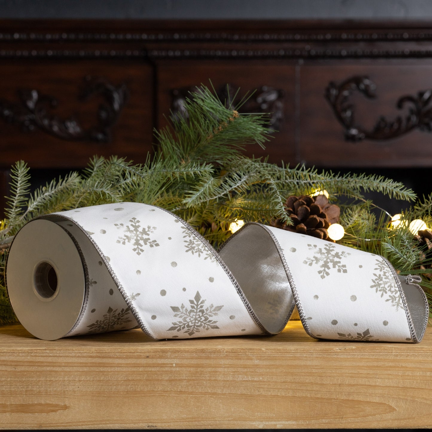 Two wired cotton ribbons (10 yd each) with metallic white and silver snowflake design