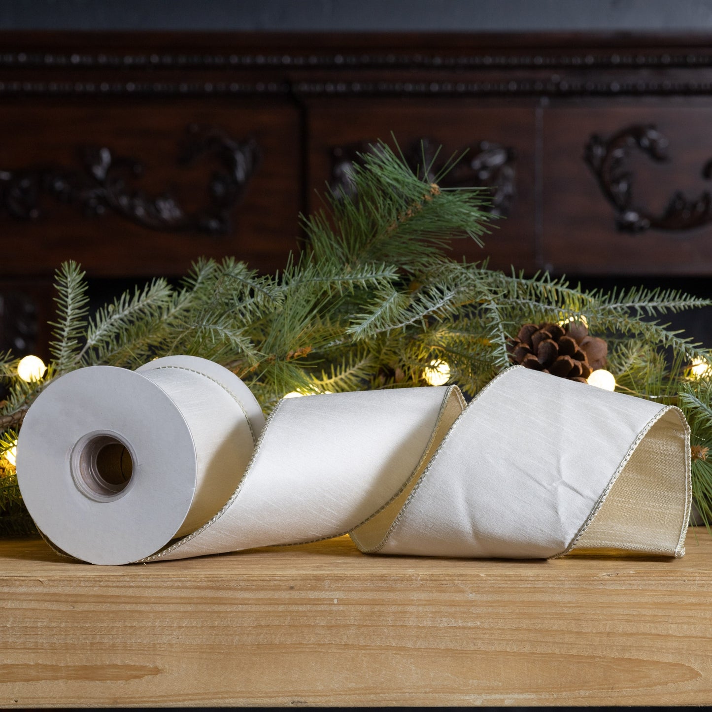 4″ × 10 yd wired polyester ribbon in classic white—perfect for bows, wreaths, and holiday décor