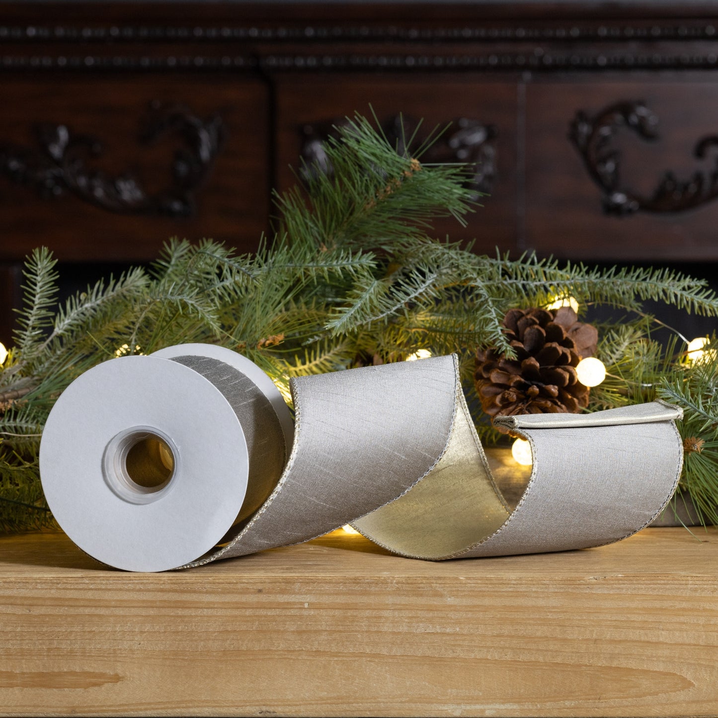 4″ × 10 yd wired polyester ribbon in classic beige—perfect for wreaths, bows, and holiday décor