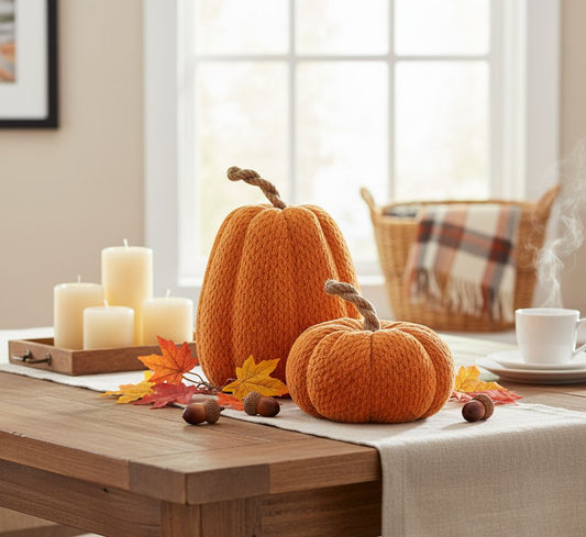 Set of two plush fabric pumpkins with orange fabric bodies and jute rope stems