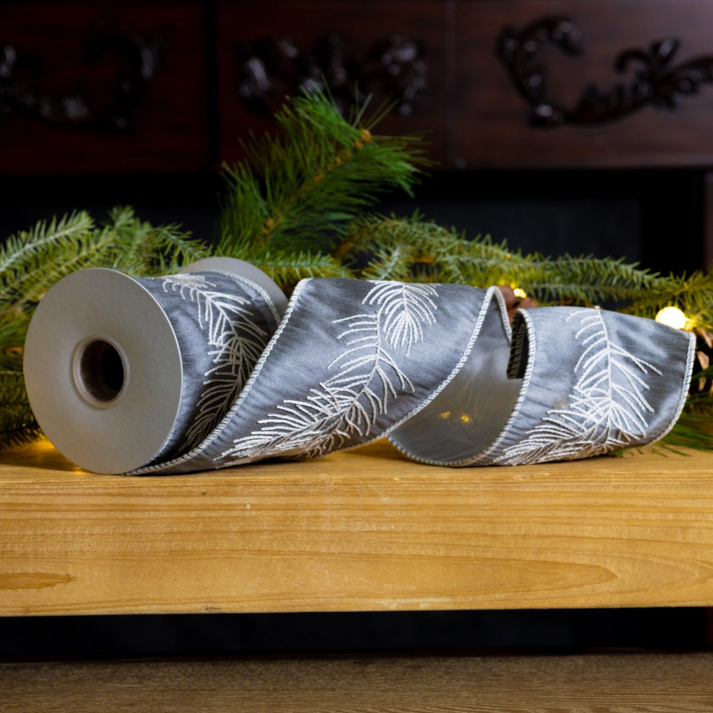 Grey and white pine branch ribbon – 4″ × 5 Yds wired holiday ribbon for wreaths, bows, garlands, and Christmas décor