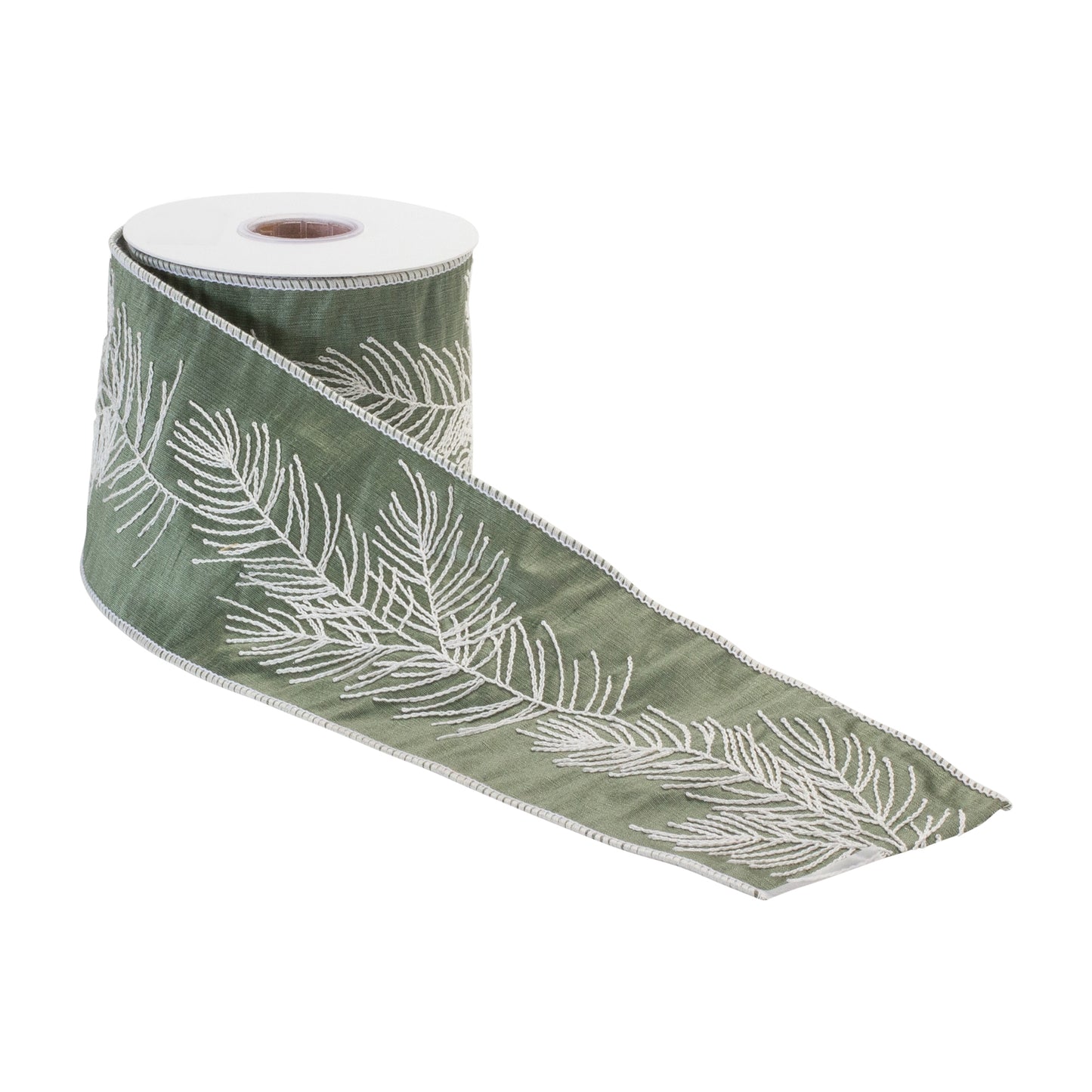Green and silver pine branch ribbon, 4″ × 5 Yds – wired holiday ribbon for wreaths, bows, garlands, and Christmas décor