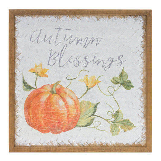 Pair of Autumn Blessing Pumpkin Signs with watercolor pumpkins and cursive sentiment on woven wood background