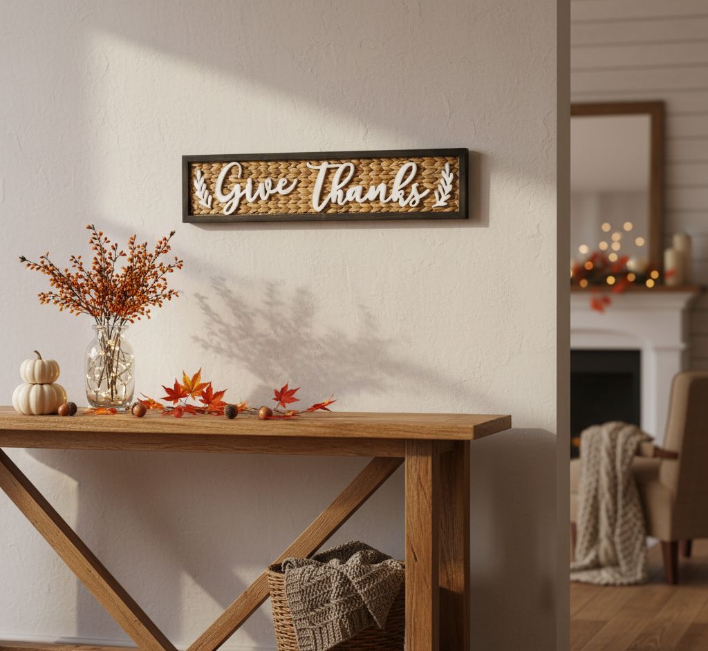 32-inch woven “Give Thanks†sign with textured woven background and scripted lettering for fall décor