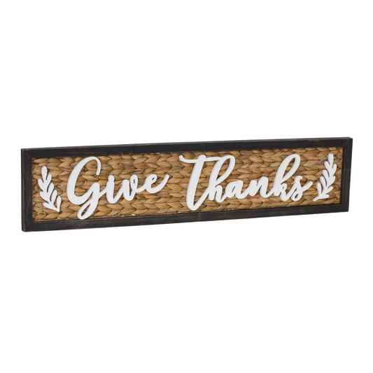 32-inch woven “Give Thanks” sign with textured woven background and scripted lettering for fall décor