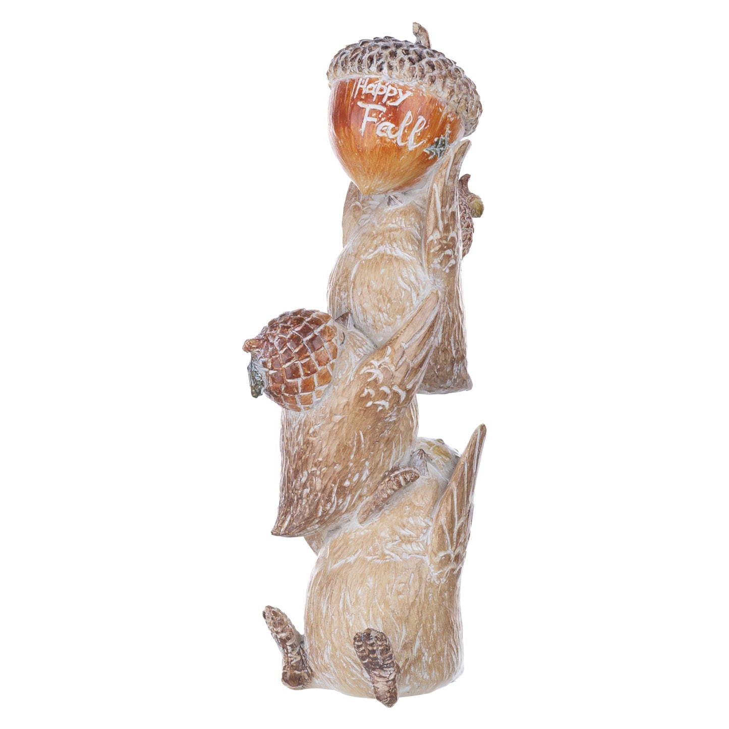 Two stacked woodland bird figurines with acorn hats, warm autumn hues and etched wood design