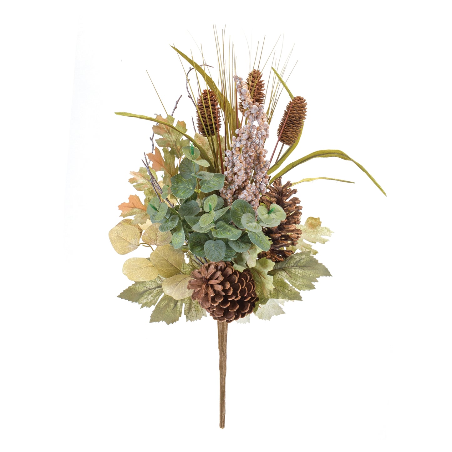 Two mixed fall foliage bushes with oak, maple, and eucalyptus leaves plus berries and pinecones for autumn décor