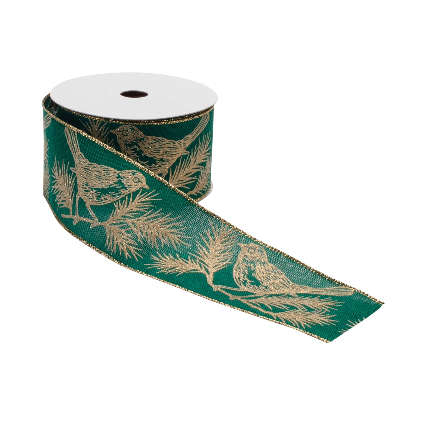Chickadee bird and pine branch wired ribbon set – 2.5″ × 10 yds each (green & gold tones) for wreaths, bows, garlands | RRO Home