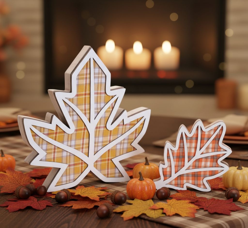 Two rustic plaid leaf décor shelf sitters in orange and yellow tones with wood construction for fall décor