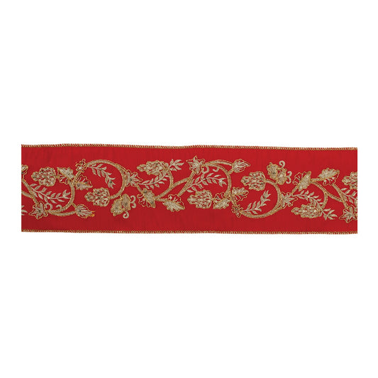 Ornate holiday ribbon 4" × 5 Yds – red wired ribbon with gold floral design | RRO Home