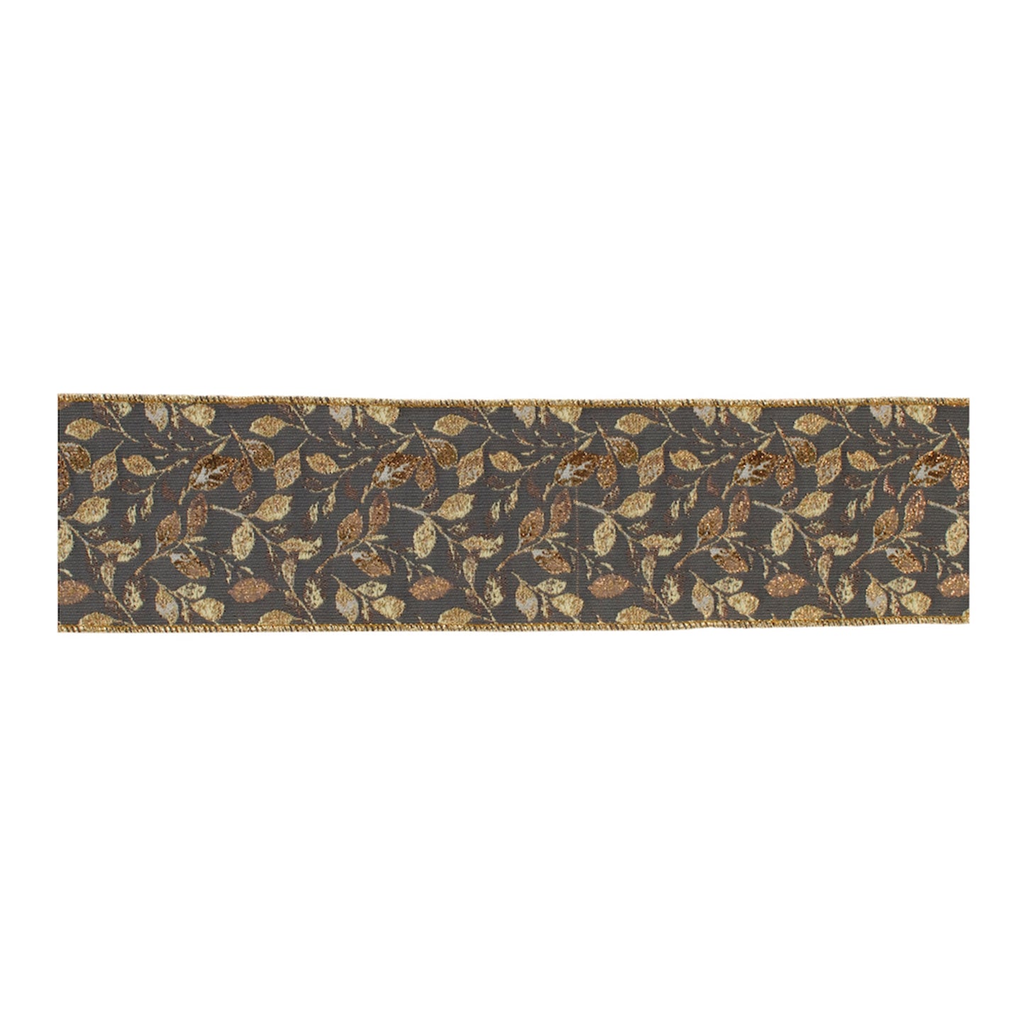 Grey and gold leaf print wired ribbon 4" x 5 yds – festive holiday ribbon | RRO Home
