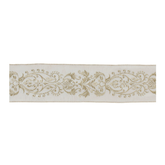 Ornate white wired ribbon – 4" x 5 yds, gold-accented ivory pattern | RRO Home