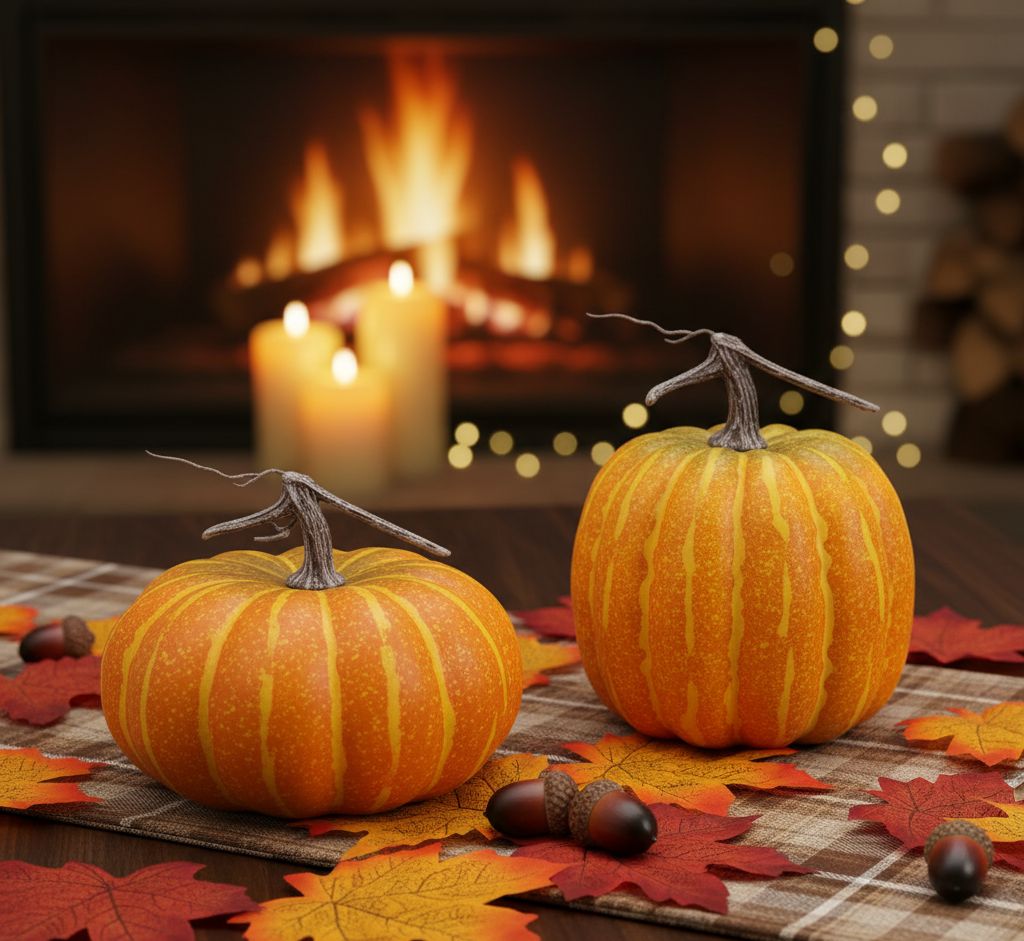 Set of two foam pumpkins in orange and green tones with rustic stems for fall décor