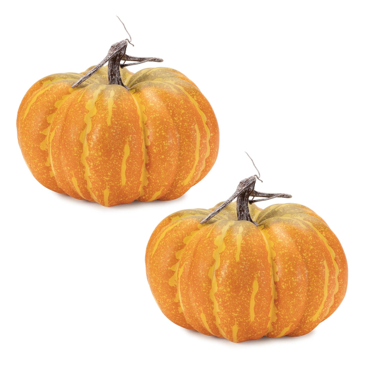Set of two foam pumpkins in orange and yellow with rustic stems, 10 x 10 x 8.25 inches, for fall décor