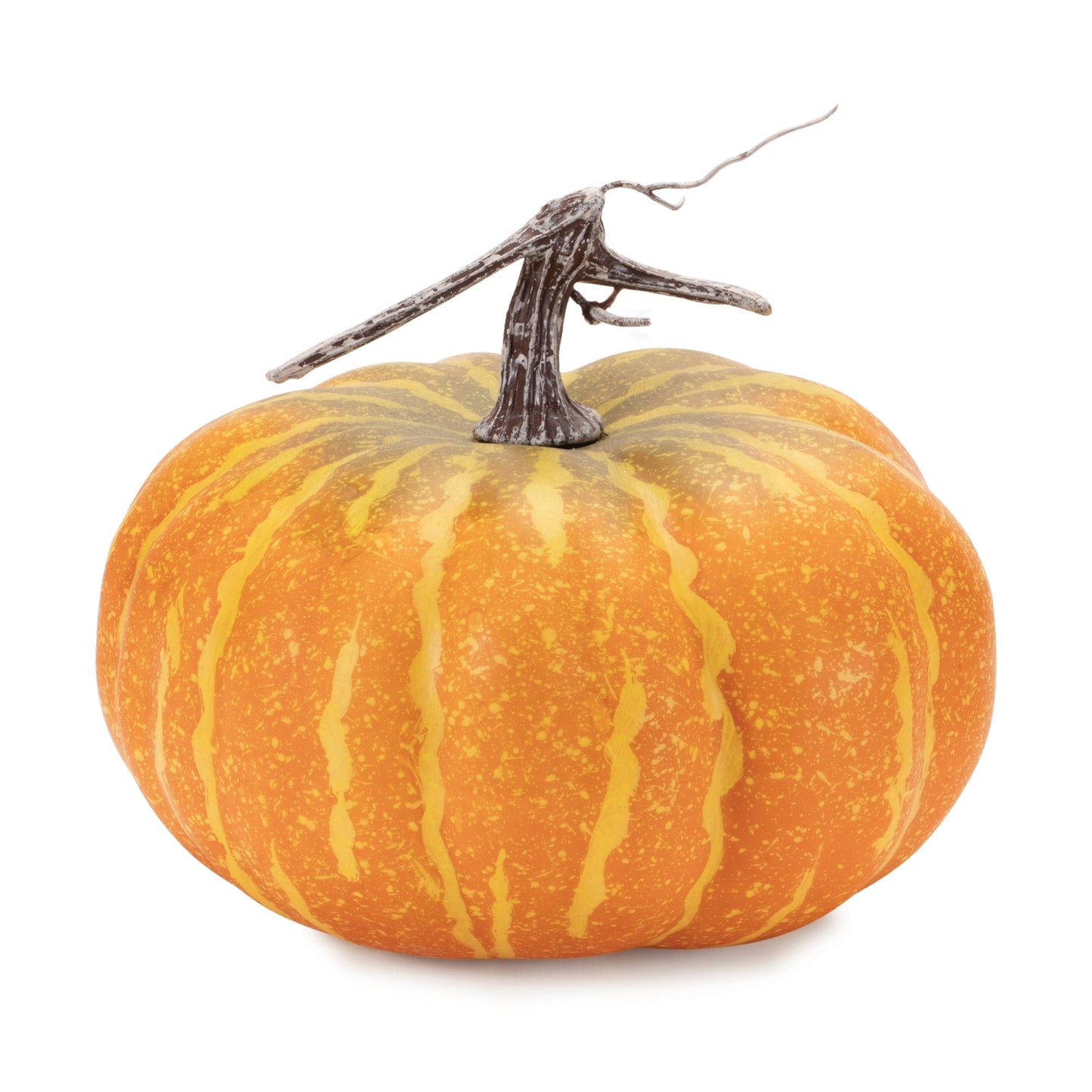 Set of two foam pumpkins in orange and green with rustic stems, 9.5x9x8.25 and 7.25x7.25x8.75 inches, for fall décor