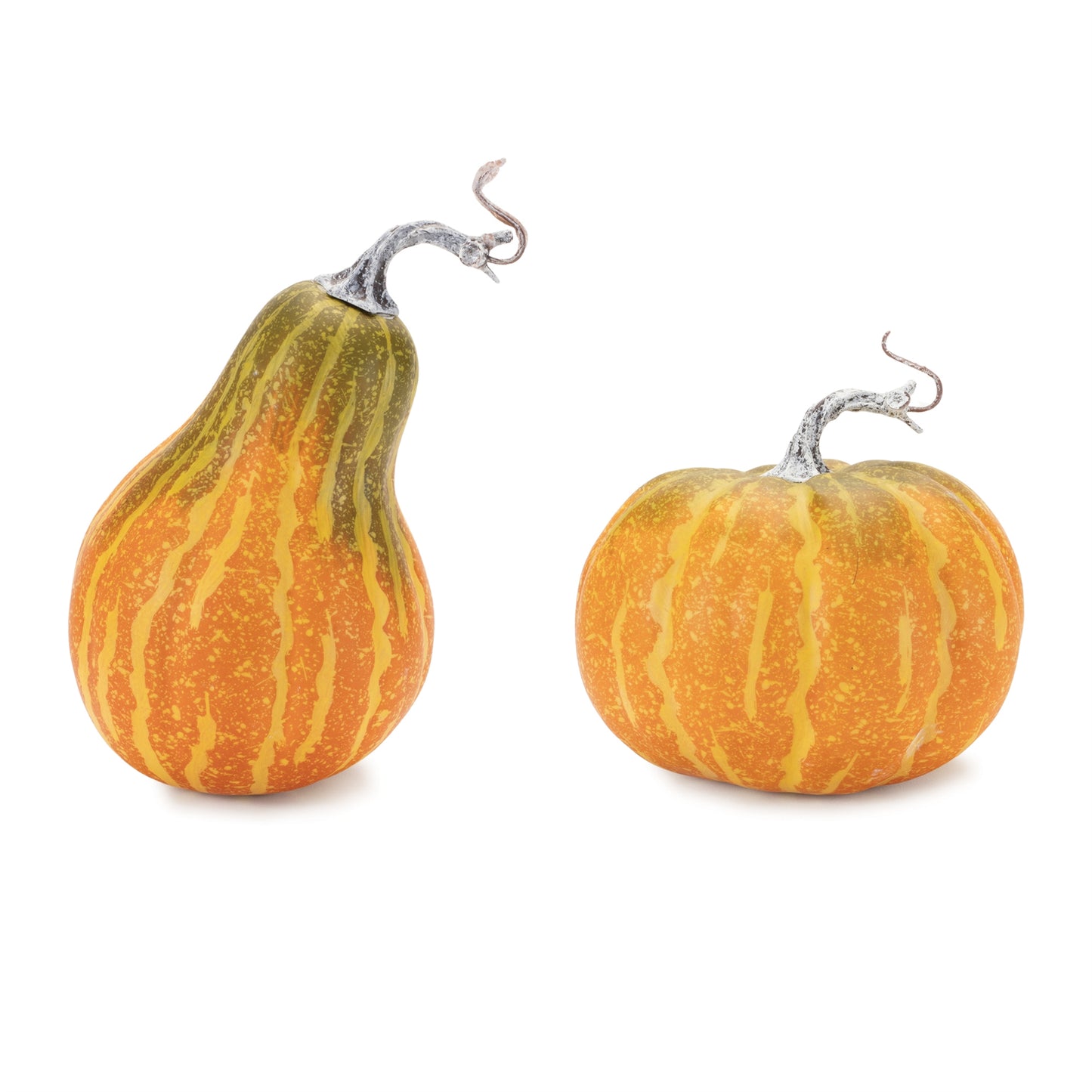 Set of foam pumpkin and gourd in orange and green with rustic stems, sizes approx 6×5.75×5.25″ and 5×5×8.5″ for fall décor