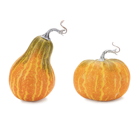 Set of foam pumpkin and gourd in orange and green with rustic stems, sizes approx 6×5.75×5.25″ and 5×5×8.5″ for fall décor
