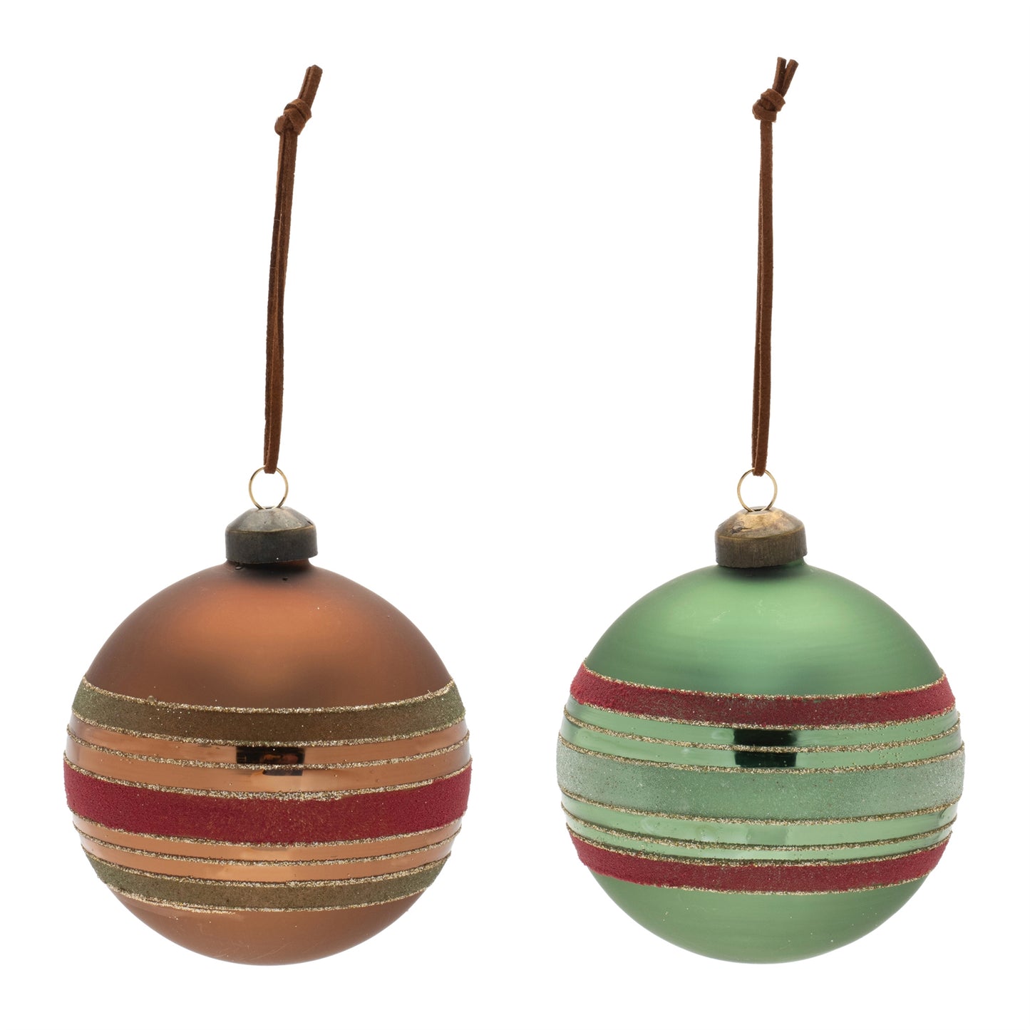Set of red and green striped frosted glass ball Christmas ornaments
