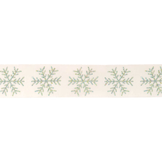 Jeweled snowflake wired ribbon 4" x 5 yds – white polyester with iridescent beaded snowflakes | RRO Home