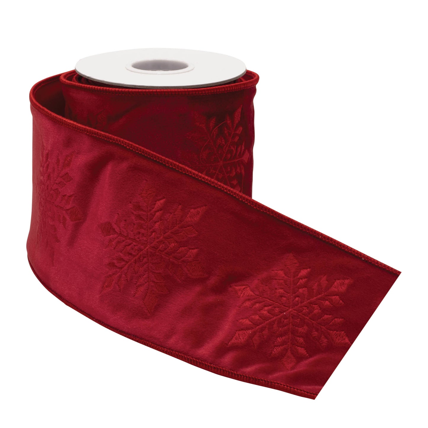 Embroidered snowflake wired ribbon – red with white snowflake embroidery, 4" x 5 yds | RRO Home