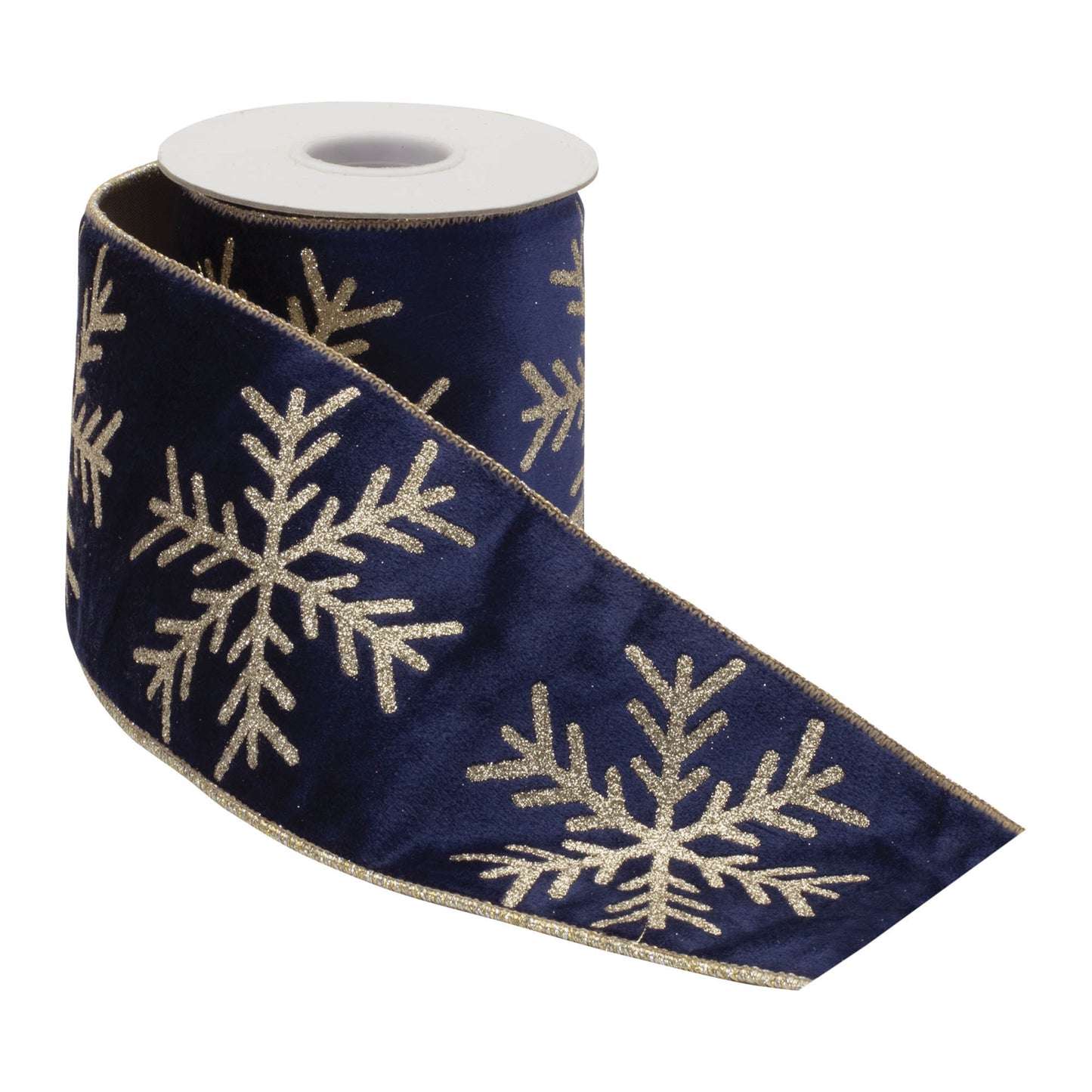 Glittered snowflake wired ribbon – navy blue with gold trim and glitter accents, 4" x 5 yds | RRO Home
