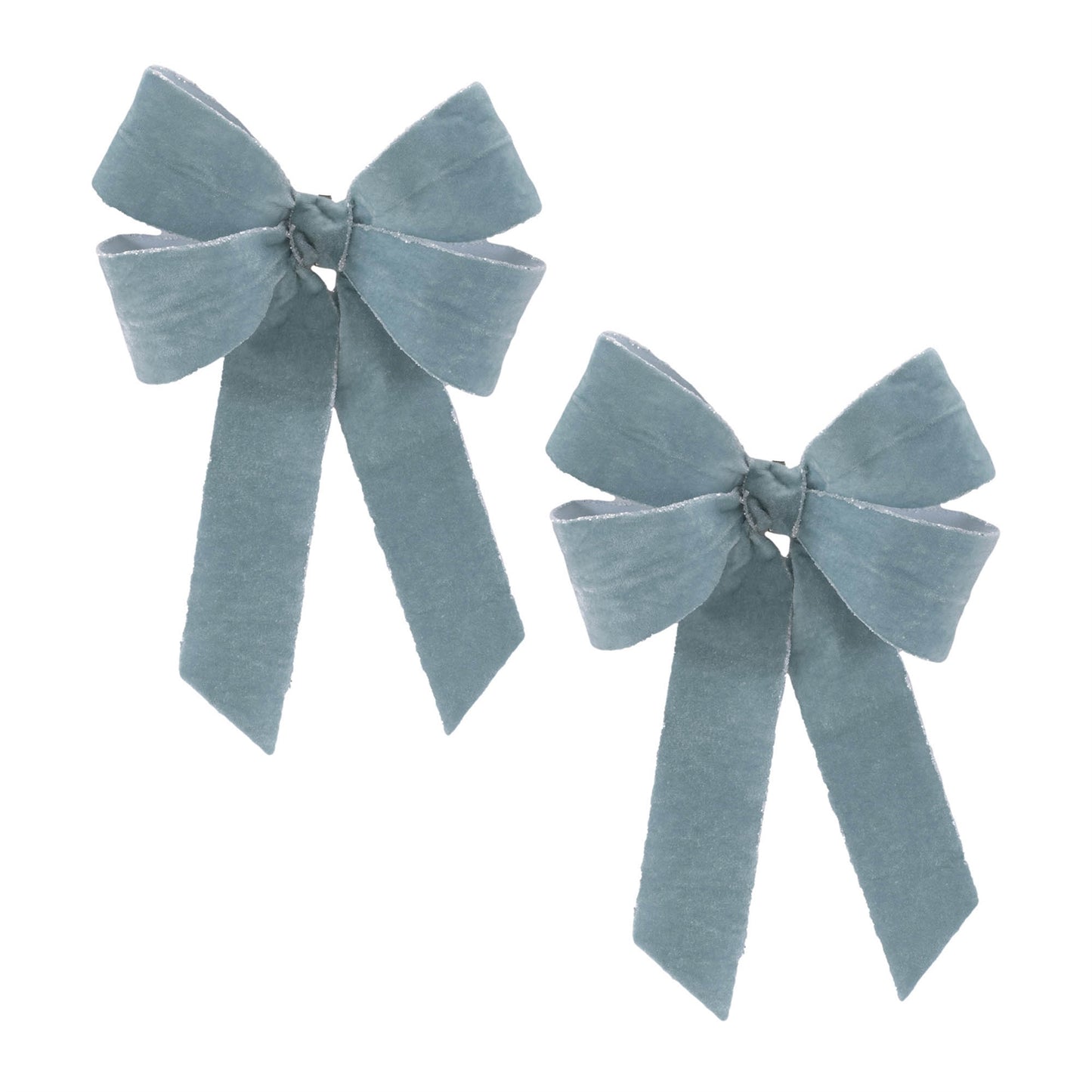 Glittered double holiday bow set of 2 – wintry blue with wired edges and clip-back, Holiday décor | RRO Home