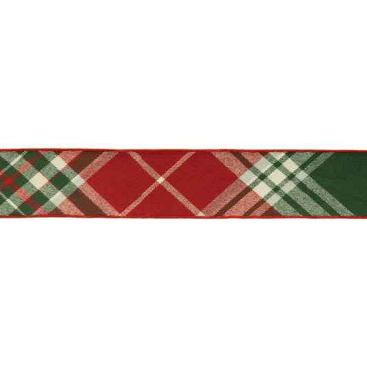 Red and green plaid wired ribbon roll, 4″ wide × 5 yards, wired edges for shaping festive bows, wreaths, and décor