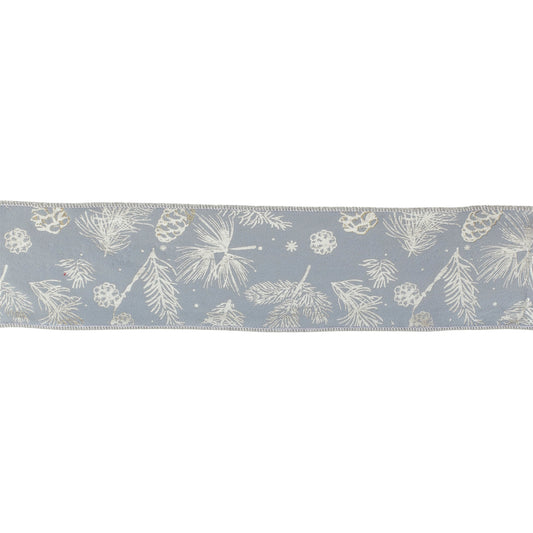 Set of two 4-inch wide wired ribbons, blue with pine and pinecone print and silver metallic trim, 5 yards each