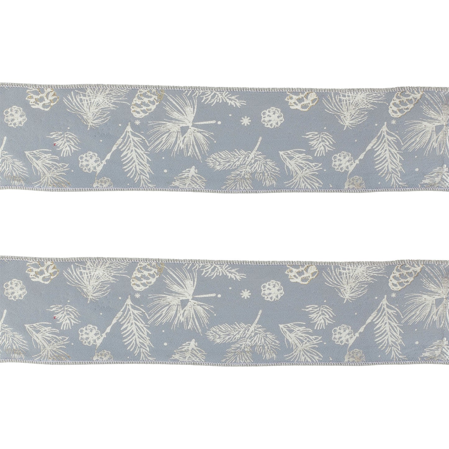 Set of two 4-inch wide wired ribbons, blue with pine and pinecone print and silver metallic trim, 5 yards each