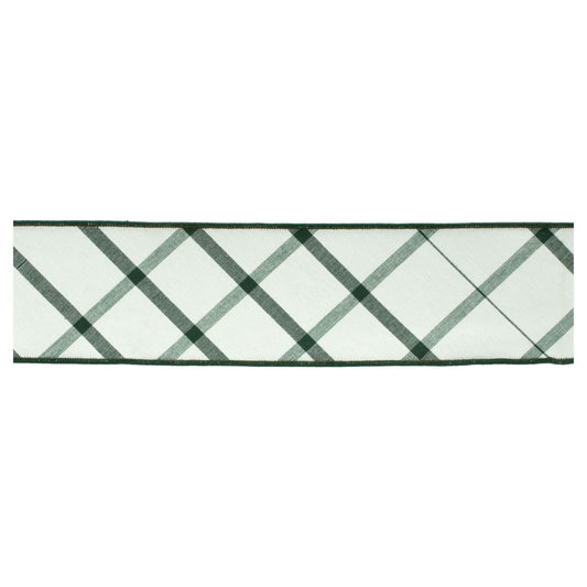 White and green plaid wired ribbon roll, 4″ wide × 5 yards, with wired edges for shaping wreaths and bows