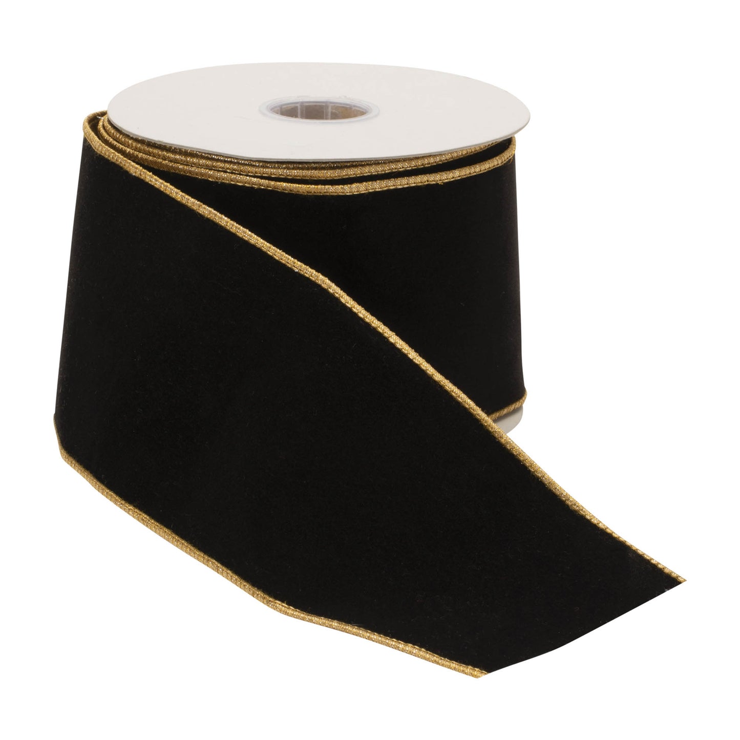 Black wired ribbon roll, 4″ wide × 10 yards with gold trim, wired edges for shaping festive decorative bows and accents