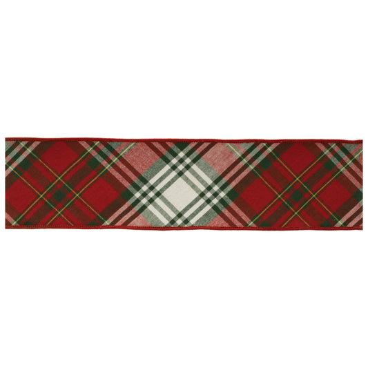 Red and green plaid wired ribbon roll, 4″ wide × 5 yards with wired edges—ideal for shaping festive bows, wreaths, and décor