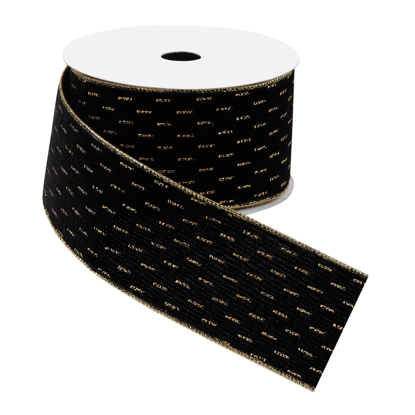 Set of two black wired ribbon rolls, 2.5″ wide × 5 yards each, with gold trim and flexible fabric for wreaths and bows