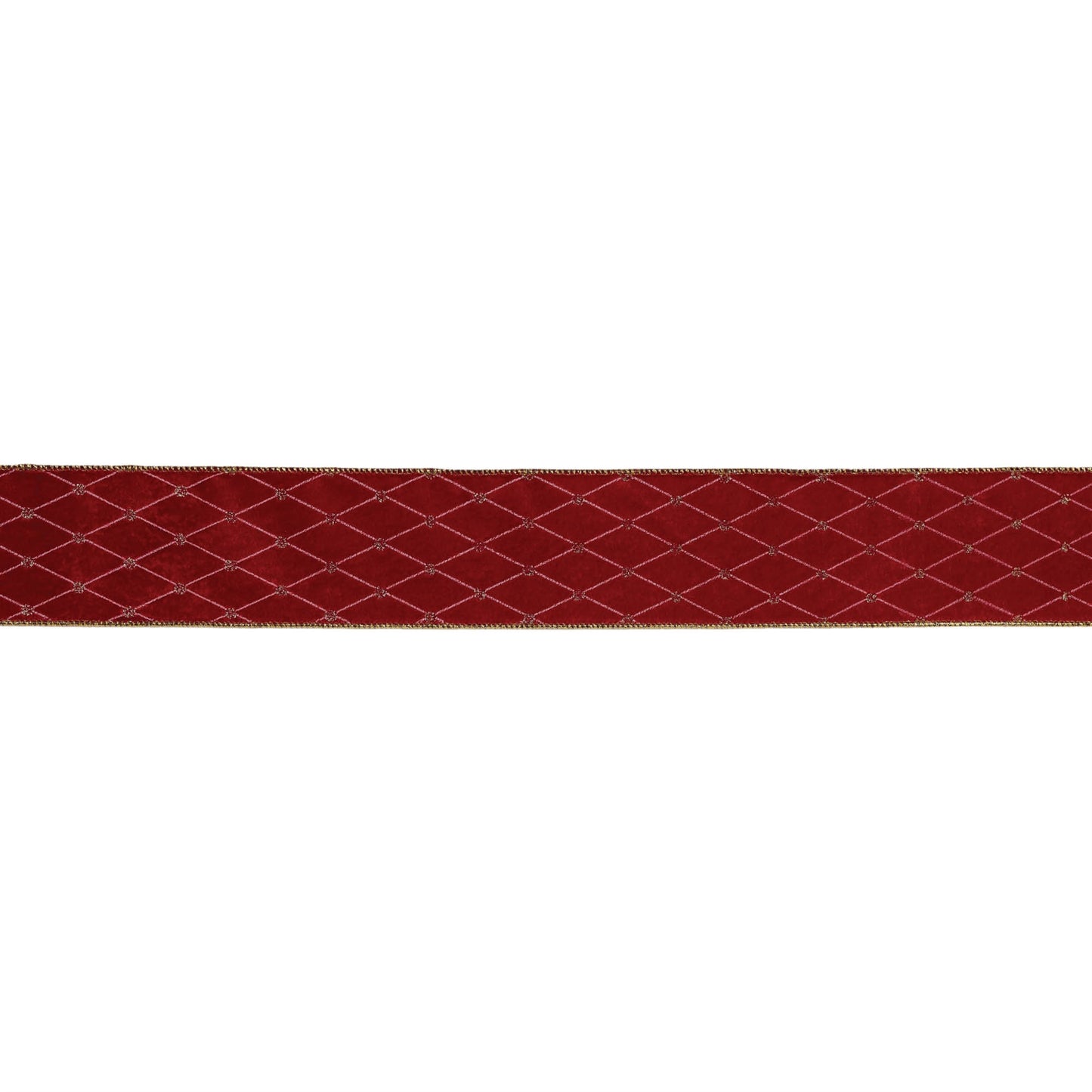 Red wired ribbon roll, 2.5″ wide × 5 yards with harlequin diamond pattern and wired edges for shaping wreaths and bows