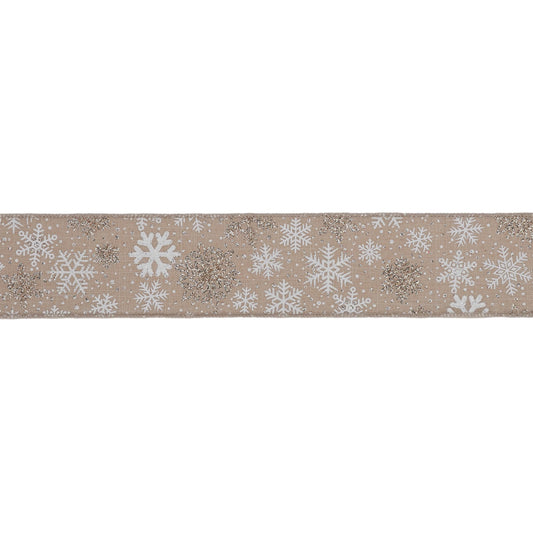 Snowflake print wired ribbon roll, 2.5″ wide × 10 yards in white and beige snowflake design with wired edges for wreaths and bows