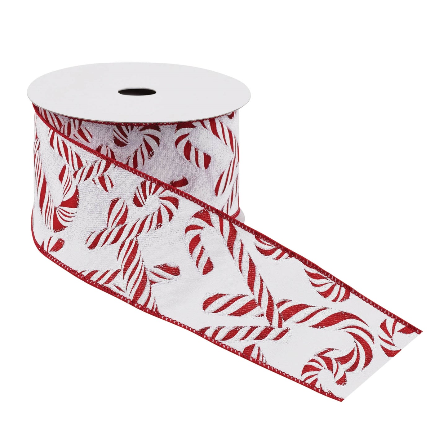 Set of two red and white candy cane print wired ribbon rolls, 2.5″ wide × 10 yards each, with flexible wired edges for wreaths and bows