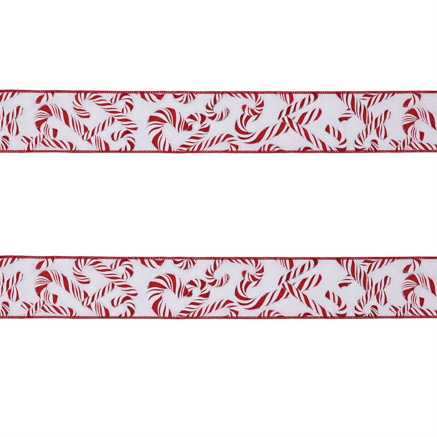 Set of two red and white candy cane print wired ribbon rolls, 2.5″ wide × 10 yards each, with flexible wired edges for wreaths and bows