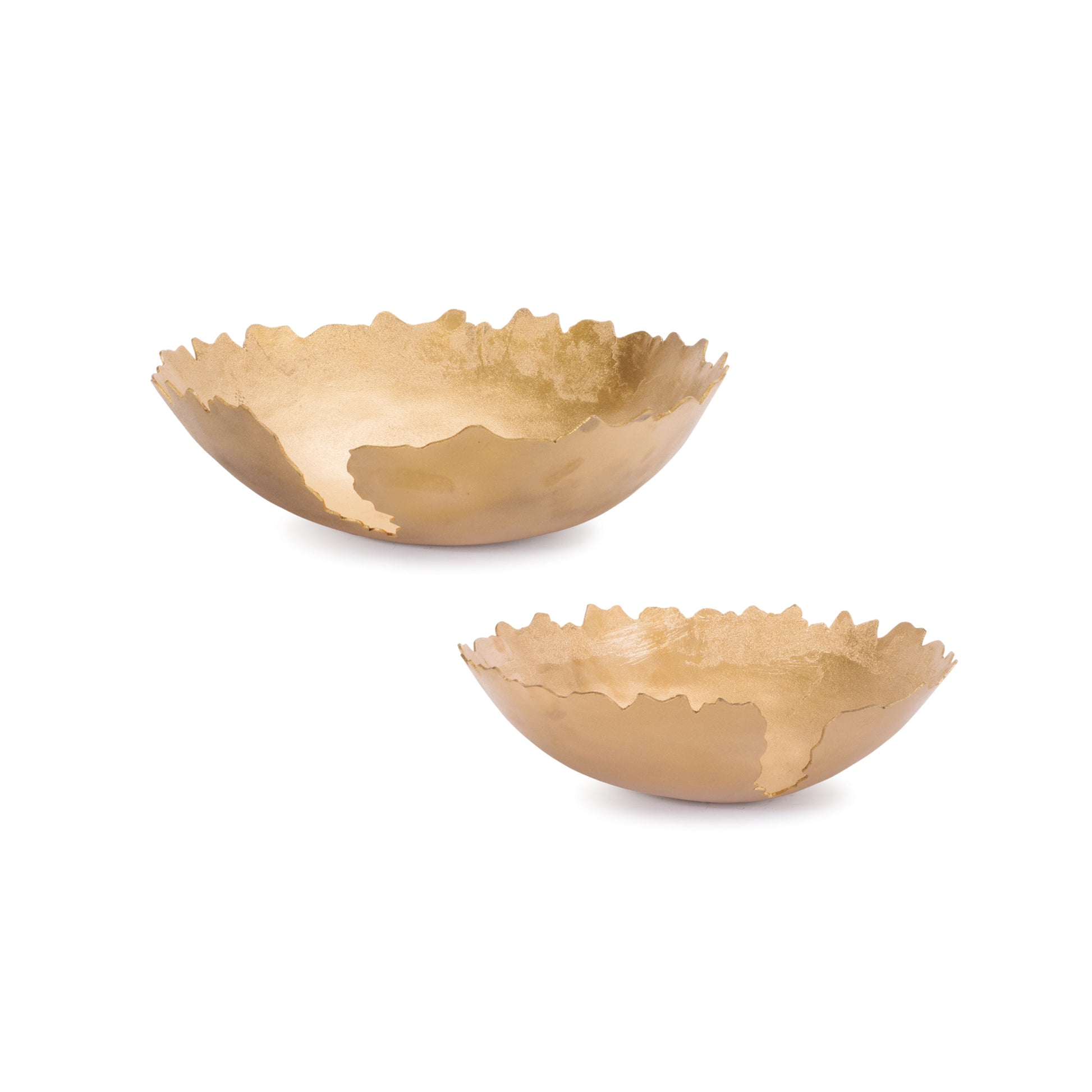 A set of two abstract, sculptural decorative bowls with a brilliant gold metallic finish, shown on a white surface.