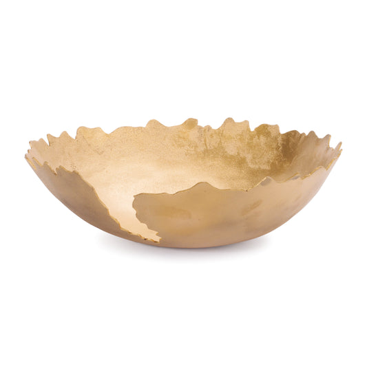 A set of two abstract, sculptural decorative bowls with a brilliant gold metallic finish, shown on a white surface.