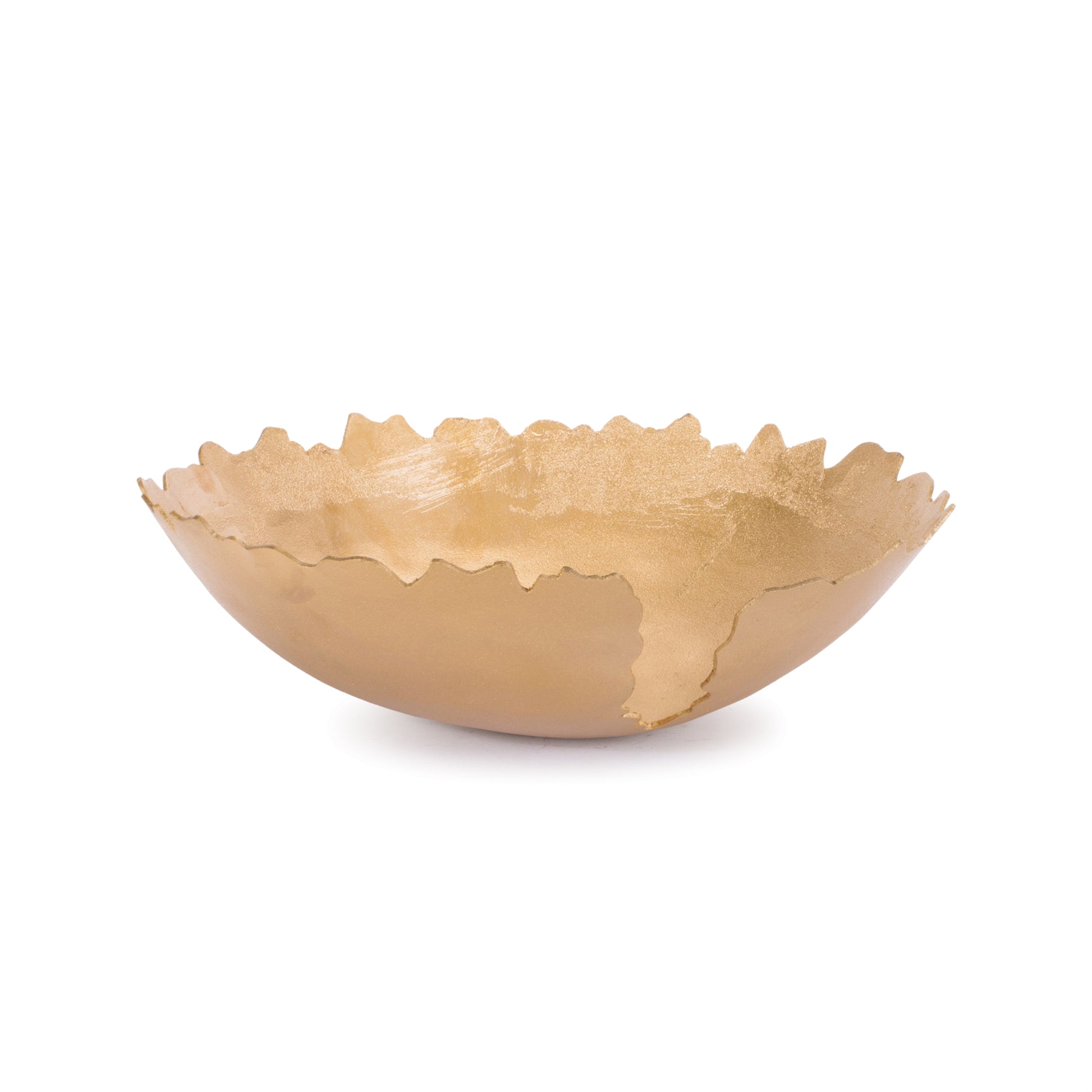 A set of two abstract, sculptural decorative bowls with a brilliant gold metallic finish, shown on a white surface.