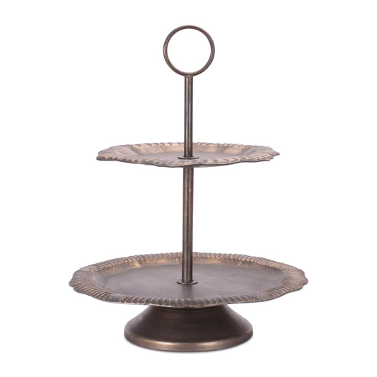 Tiered bronze metal tray 23 inch with ornate trim and two levels for decorative display