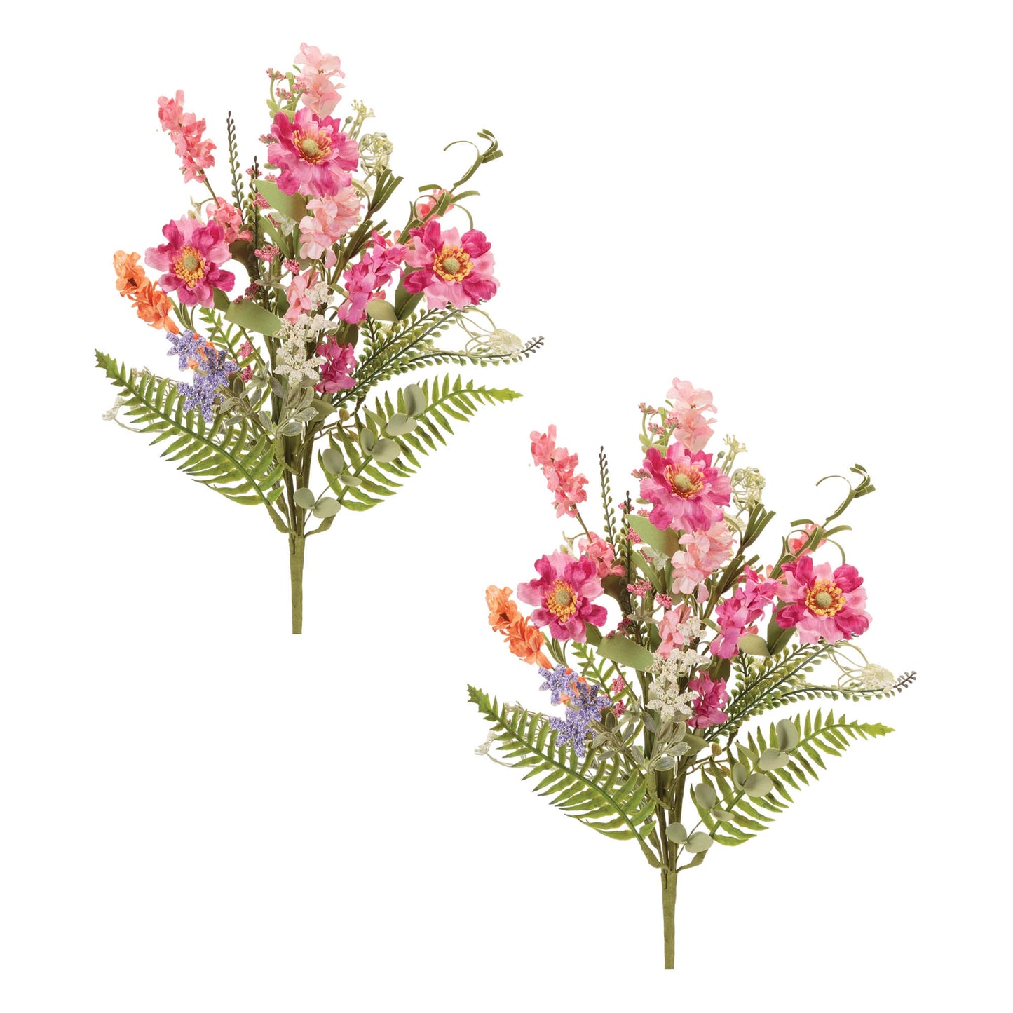 Pink daisy and fern floral bush set of 2 artificial spring stems