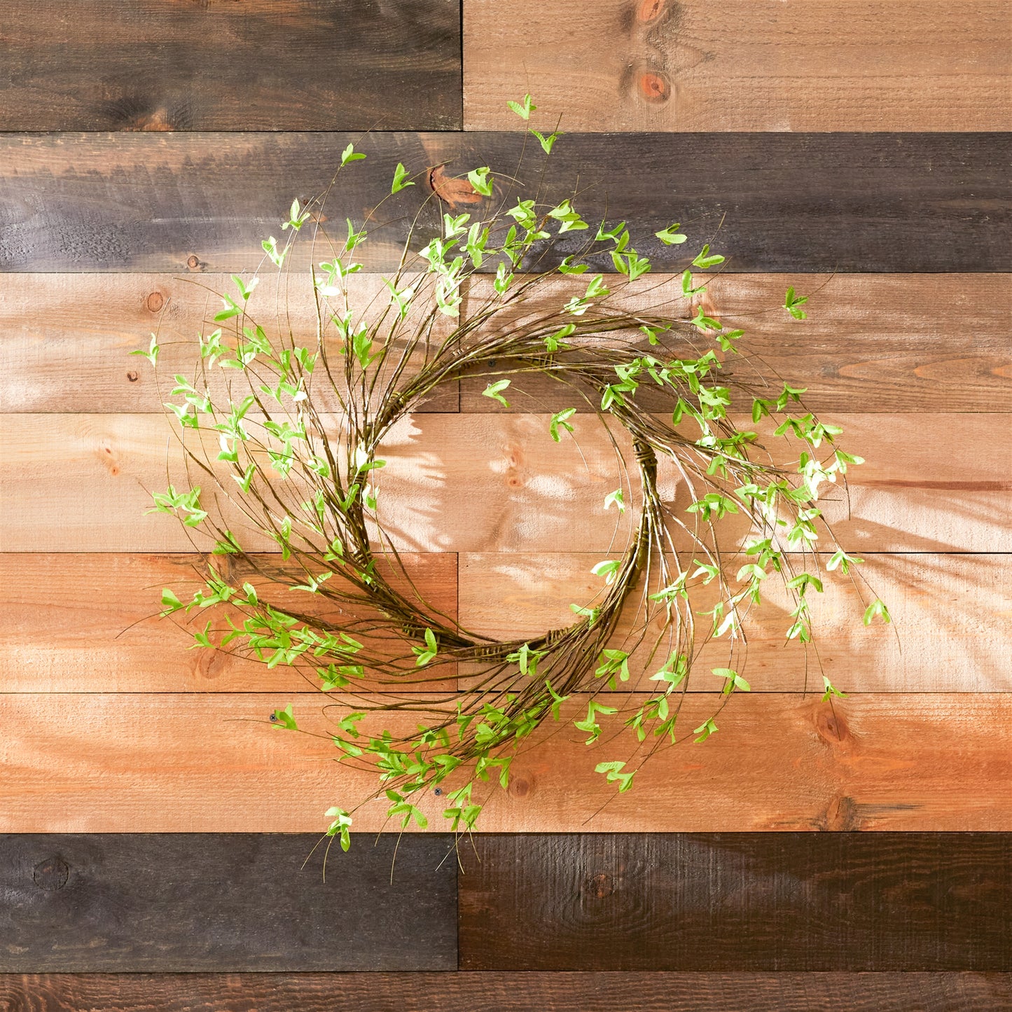22 inch mini leaf twig wreath with natural green leaves and twig accents