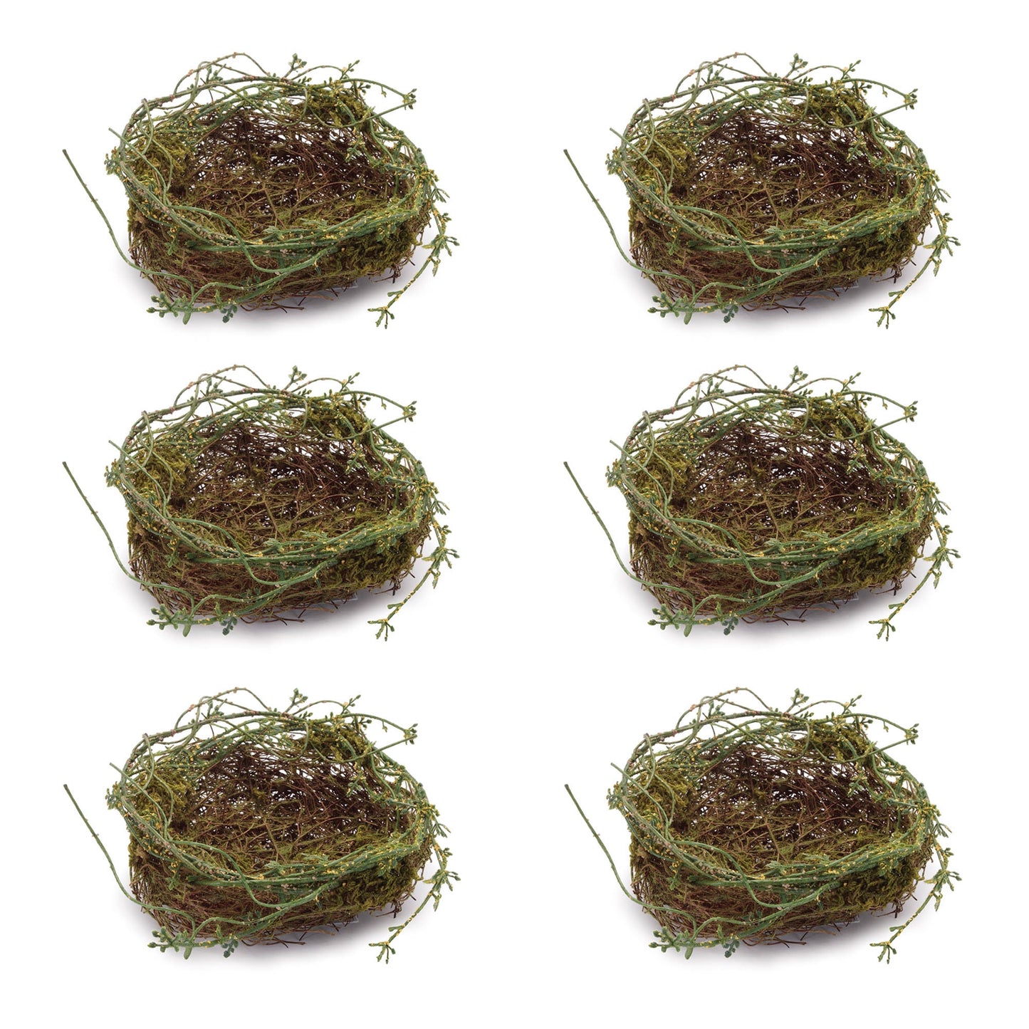 Set of 6 twig bird nests lined with moss, natural rustic décor accent