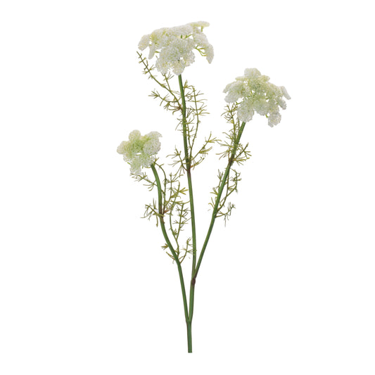Set of 6 white Queen Anne’s Lace floral sprays with green foliage wired stems vintage style