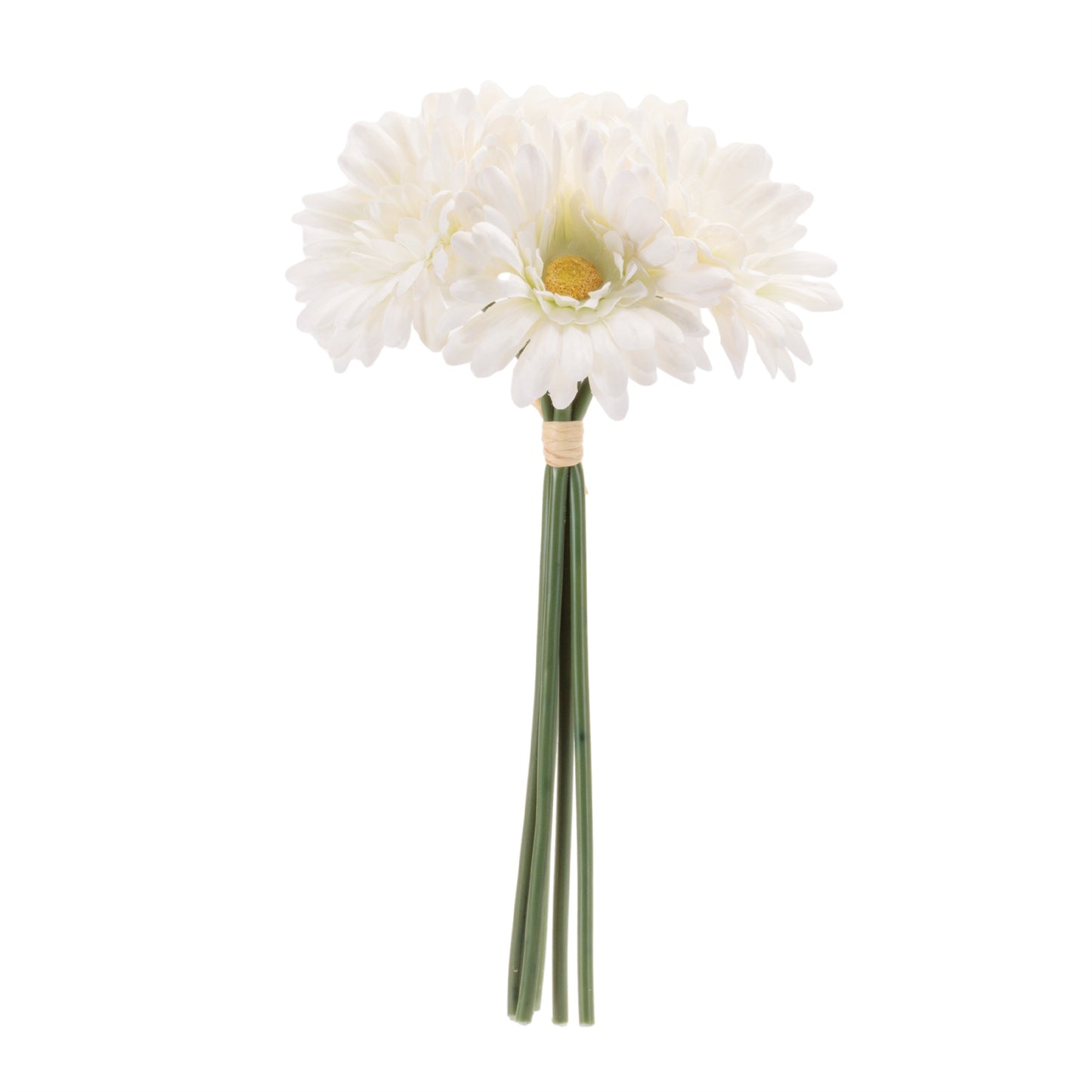 Set of 6 soft white gerbera daisy floral bundles with wired stems and raffia wrap spring accent