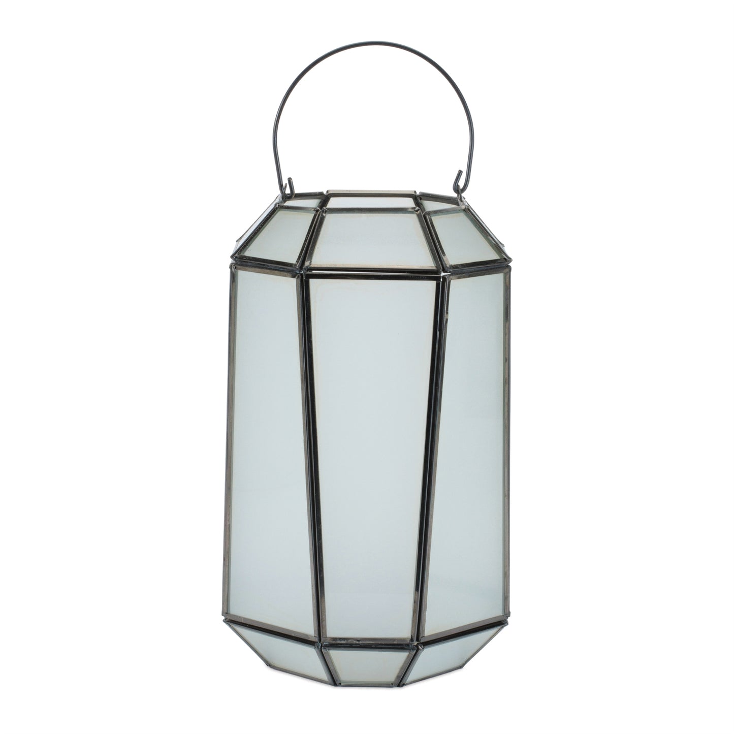 Frosted glass lantern 10.75 inch with handle, distressed metal frame, candle accent lantern décor